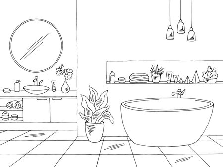 Bathroom graphic home interior black white sketch illustration vectorのイラスト素材