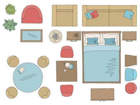 Furniture set floor plan architect design element graphic color top sketch aerial view isolated illustration vectorのイラスト素材