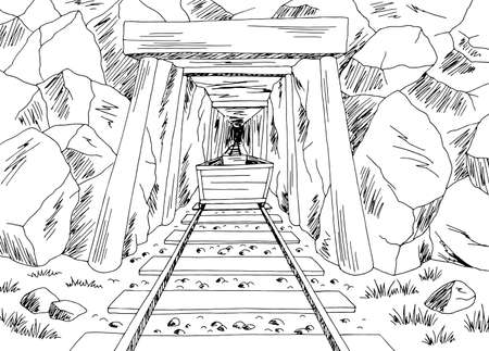 Old mine graphic black white landscape sketch illustration vectorのイラスト素材