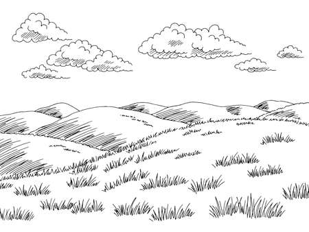 Hills graphic black white landscape sketch illustration vectorのイラスト素材