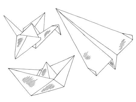 Origami paper ship airplane crane graphic black white isolated set sketch illustration vectorのイラスト素材