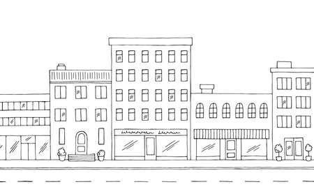 Street road graphic black white city landscape sketch illustration vectorのイラスト素材