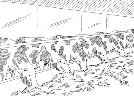 Cowshed graphic interior black white sketch illustration vectorのイラスト素材