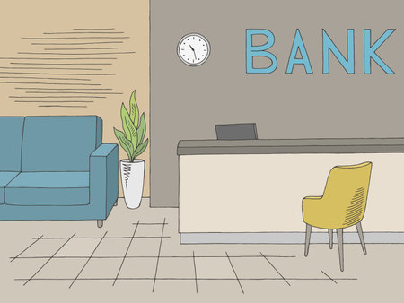 Bank interior graphic color sketch illustration vectorのイラスト素材