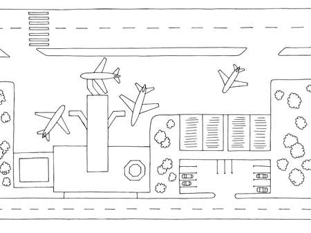 Airport top aerial view graphic black white plan sketch illustration vectorのイラスト素材