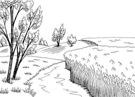 Field road graphic black white rural landscape sketch illustration vectorのイラスト素材