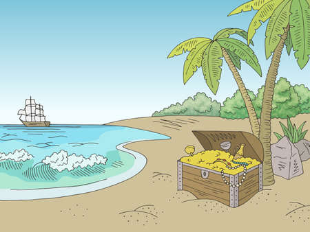 Sea coast buried treasure graphic color landscape sketch illustration vectorのイラスト素材