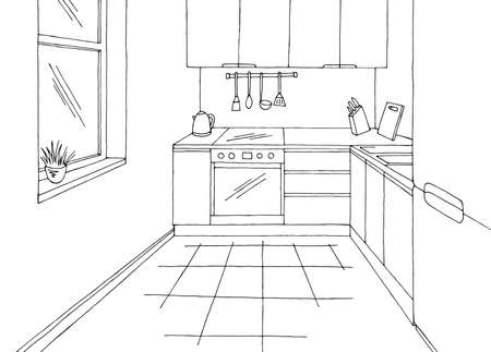 Kitchen room graphic black white home interior sketch illustration vectorのイラスト素材
