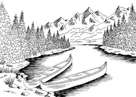 Canoe boat graphic river black white landscape sketch illustration vectorのイラスト素材