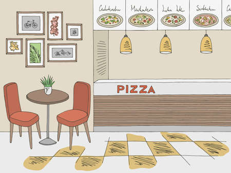 Pizza restaurant interior fast food court graphic color sketch illustration vectorのイラスト素材