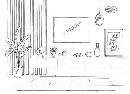 Living room graphic black white home interior sketch illustration vectorのイラスト素材
