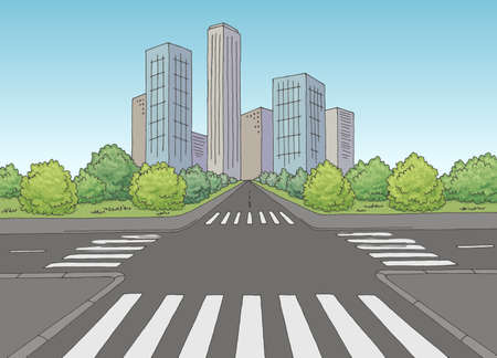 Crossroads street road graphic color city landscape sketch illustration vectorのイラスト素材
