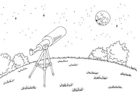Telescope on the hill night landscape graphic black white sketch illustration vectorのイラスト素材