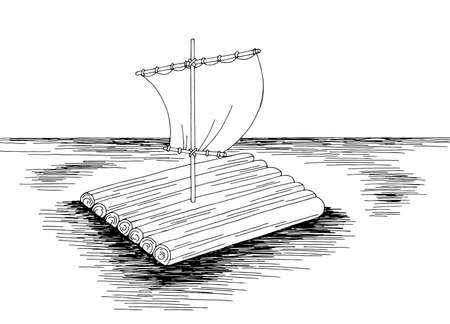 Raft sea graphic black white seascape sketch illustration vectorのイラスト素材