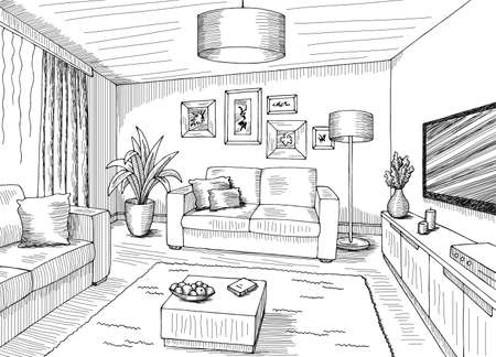 Living room graphic black white home interior sketch illustration vectorのイラスト素材