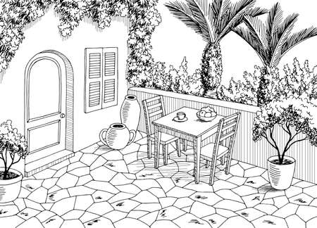 South yard graphic black white landscape sketch illustration vectorのイラスト素材