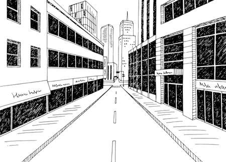City street graphic black white cityscape sketch illustration vectorのイラスト素材