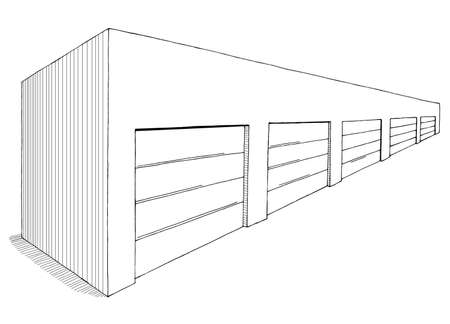 Warehouse exterior storage building front view graphic black white isolated sketch illustration vectorのイラスト素材