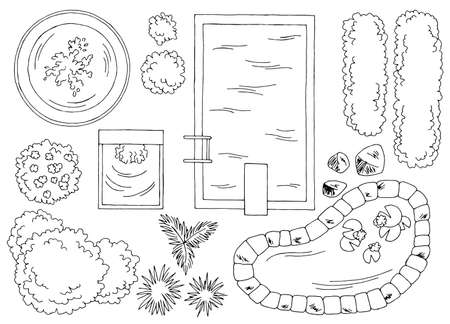 Landscape architect design element set graphic black white top sketch aerial view illustration vectorのイラスト素材