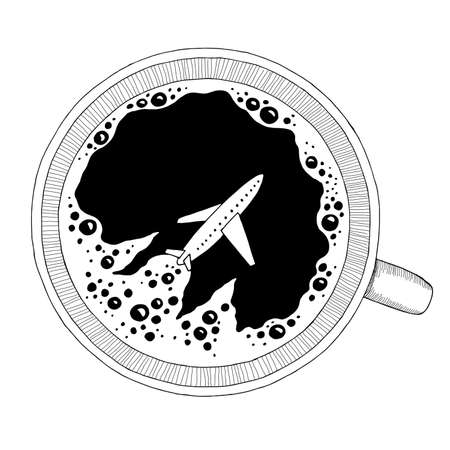 Plane takes off in the cup of coffee graphic black white isolated sketch illustration vectorのイラスト素材