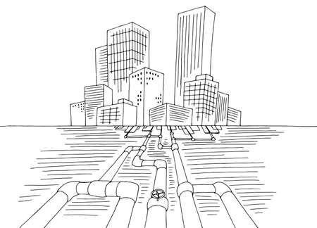 Sewerage under city graphic black white cityscape skyline sketch illustration vectorのイラスト素材