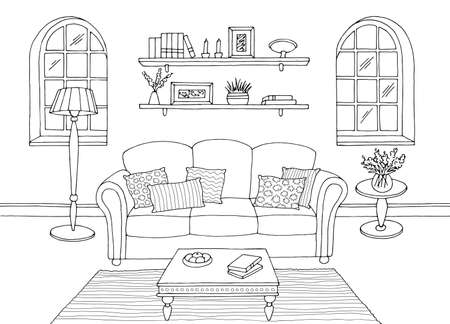 Living room graphic black white home interior sketch illustration vectorのイラスト素材