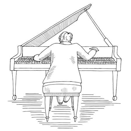 Pianist playing the grand piano graphic black white sketch illustration vectorのイラスト素材