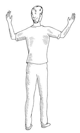 Man raised his hands up standing isolated graphic black white sketch illustration vectorのイラスト素材