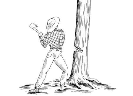 Lumberjack cuts a tree isolated graphic black white sketch illustration vectorのイラスト素材