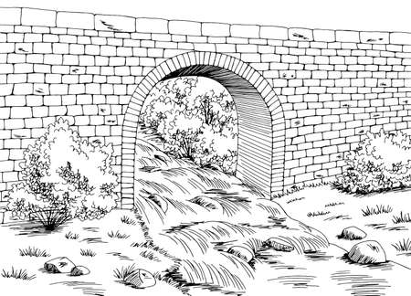 Bridge graphic river black white landscape sketch illustration vectorのイラスト素材
