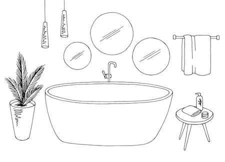 Bathroom graphic home interior black white sketch isolated illustration vectorのイラスト素材
