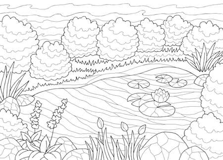 Pond coloring graphic black white landscape sketch illustration vectorのイラスト素材