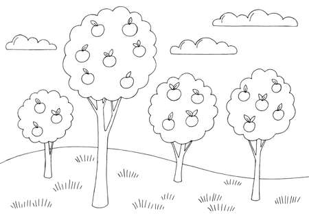 Apple garden simplicity graphic black white landscape sketch illustration vectorのイラスト素材
