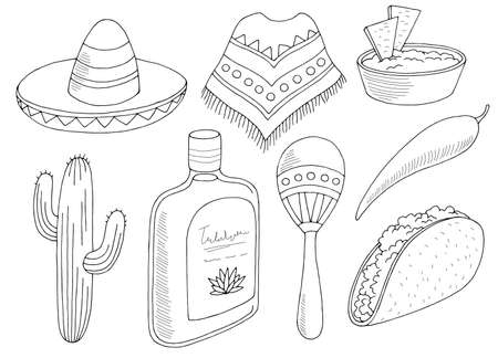 Mexico set graphic black white isolated sketch illustration vectorのイラスト素材