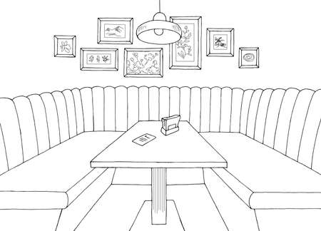 Restaurant interior graphic black white sketch illustration vectorのイラスト素材