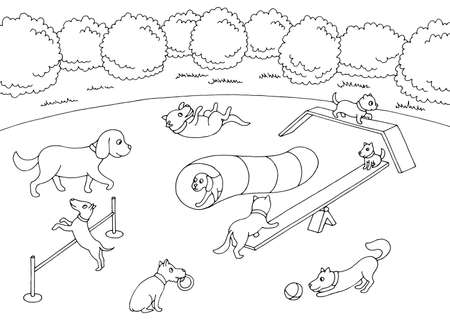 Dog play on playground graphic black white sketch landscape illustration vectorのイラスト素材