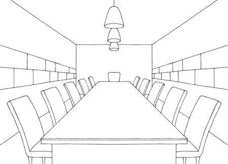 Conference room office interior graphic black white sketch illustration vectorのイラスト素材