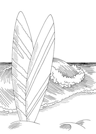 Surfboard sea coast graphic beach black white vertical landscape sketch illustration vectorのイラスト素材