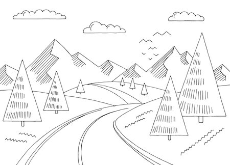 Mountain road simple graphic black white landscape sketch illustration vectorのイラスト素材