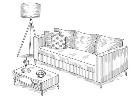 Living room graphic black white interior isolated sketch illustration vectorのイラスト素材