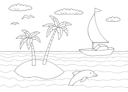 Island coloring graphic black white landscape sketch illustration vectorのイラスト素材