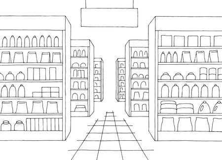 Grocery store shop interior black white graphic sketch illustration vectorのイラスト素材