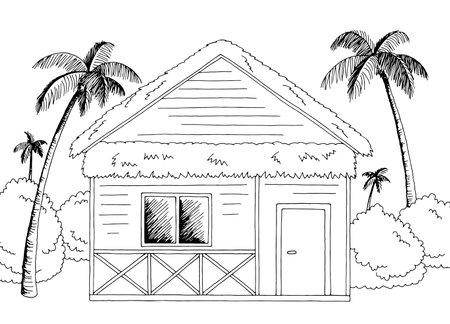 Hut house graphic black white landscape sketch illustration vectorのイラスト素材