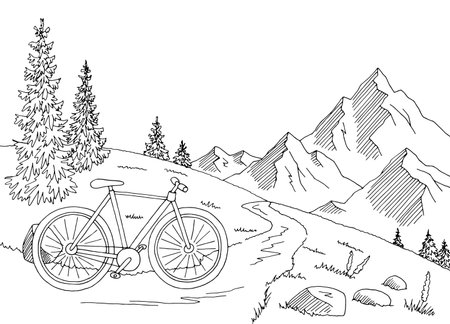Bicycle in mountain graphic black white landscape sketch illustration vectorのイラスト素材