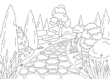 Garden graphic black white landscape sketch illustration vectorのイラスト素材