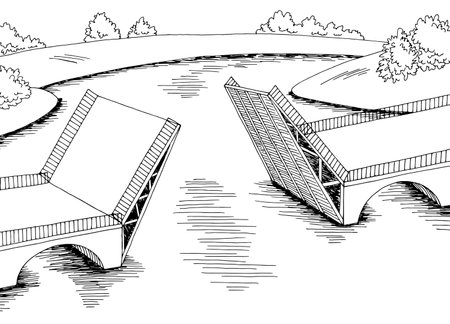 Drawbridge graphic river black white landscape sketch illustration vectorのイラスト素材