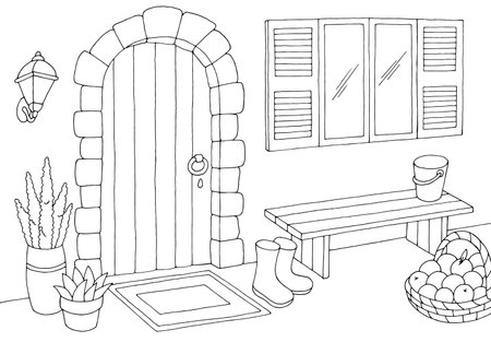 Rural yard graphic black white sketch illustration vectorのイラスト素材