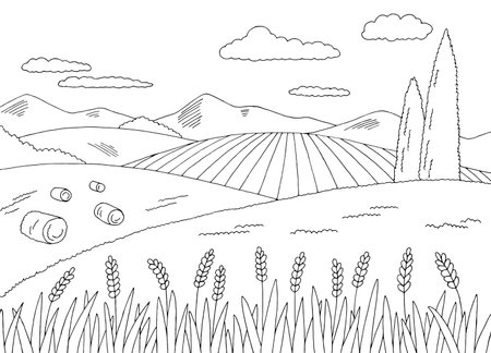Field graphic black white landscape sketch illustration vectorのイラスト素材