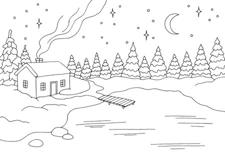 Lake house in winter landscape graphic black white sketch illustration vectorのイラスト素材