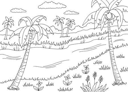 Palm trees along the river graphic black white landscape sketch illustration vectorのイラスト素材